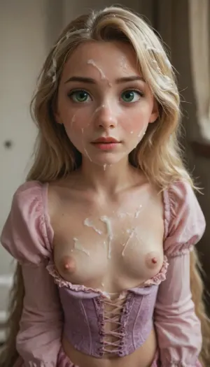 Rapunzel-Disney, small breasts, green eyes, light purple corset, pink dress, three-quarter length sleeves, lifted dress, no panties, playful expression, exposed breasts, close-up of face, (cum on face:1.4), (cum on clothes:1.4), (cum on hair:1.4)