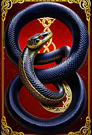 Tarot Card Style, black snake, redzig zag skin, coiled around lonsword, bright yellow eyes, red backround, sparkle, GOLD celtic knot border, masterpiece, official art, <lora:DUSK_XL_TAROTCARD_dadapt_cos_5e4:.8>