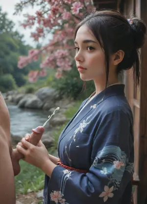 (Futaba Sakura from Persona), erotic Scene, portrayed with the artistic essence of Qi Baishi's renowned brushwork, (dynamic angle from side), (extremely detailed Background, extremely detailed face, extremely detailed kimono, high quality image), (A traditional indigo-dyed kimono with hand-painted cobalt blue iris and bellflower motifs), (traditional Japanese garden and koi pond in background), ((1man, 1woman)), (closed mouth), (looking at viewer), ((woman in front of man)), ((side view)), ((handjob, 1man with, (small cock:1.6))), (ejaculation, cum on clothing:1.6), white cum, thick cum, style, of, Qi, Baishi, baishi, <lora:tbh170-sdxl:2>, <lora:baishi_xl_0_-000004:2>