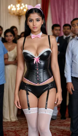 18 year old Indian Bengali sexy slut girl, enormous boobs, black colored puffy erected Pocking nipples, clean shaved naked pussy, thick thighs, thick fat puffy bimbo lips, horny eyes with maskara and eye shadows, sweating wet glistening shiny oil covered body, wet look hair, wet look glistening body, braided hair, wearing a latex black micro mini maid corset dress with white lace border, pink bowtie, bowtie headband, lace gloves, white thigh high stockings, black boots, standing in a large crowded royal marriage ceremony, standing among the royal crowd, among the crowd, no panty clean shaved naked pussy view under the dress, full body portrait, show her boots