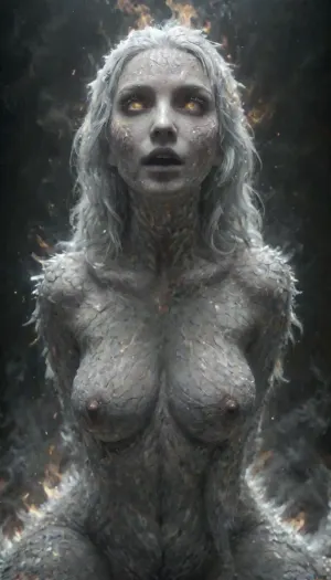 Fire Naked woman with a lizard tail standing, completely covered in silvery scales, large breasts, her breasts are tight and hanging to the floor, the woman is naked. She has a lizard tail, the tail is as long as her body. The tail is raised up. It is covered with scales, the skin is covered with scales, the woman fire has scaly skin the scales are ashy silver, (correct tail positioning), (no missing limbs), (han, yu, long, huang\), ral-embrglt, DonMF1r3y4by55XL, firecd_xl, flmngprsn, made, of, r3psp1k3s, reptile, skin, spines, <lora:ral-embrglt-sdxl:2>, <lora:DonMF1r3y4by55XL:2>, <lora:firecd_xl-000017:2>, <lora:lora-sdxl-flaming-person:2>, <lora:r3psp1k3s:2>