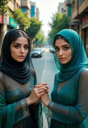 (full body view), daylight, on the city streets of Tehran, 2girls, holding hands, looking at one another, (intimate, romanitc, deep desire), 25yo Persian woman, face-covered, beautiful, dark Persian skin tone, bright piercing blue-green eyes, wears a, (transparent, see-through:1.3), black burkha, <lora:Super_Eye_Detailer_By_Stable_Yogi_SDPD0:.5>, <lora:DetailedEyes_V3:.9>, <lora:MJ52:.8>, <lora:potrait-woman-v2:.8>