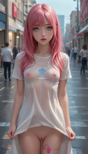 (Asian girl), 4K, photo realistic, intricately detailed face, realistic face, photorealistic, detailed eyes, dark eyebrow, (young adult:1.8), (long hair, pink hair), cute face, beautiful photorealistic face, cute, easynegative, hyper massive nipples, ((makeup:1.5), long blue eyelashes with eyeliner:1.2), (big lips:1.3), (small breast:1.5), (pink pussy:1.3), (eyes captivating, highly detailed eyes with vibrant irises, sharp reflections, and realistic eyelashes. The eyes should convey emotion and have a luminous, mesmerizing glow), (30C perky breasts:.5), (location busy city street), (wetshirt, standing in a downpour, big city, wearing dress), busy street people walking past, rain, street, one hand is pulling her dress, vibrator under clothes, vibrator in pussy, hidden vigrator, large erect nipples, best lighting, 35mm camera, professional photoshoot quality, skirt, lift, <lora:Asian_Beauty XL:.8>, <lora:BUT_SDXL_SHS:.6>, <lora:MK_jiaoqi_xl_v1.1:2>, <lora:skirtlift_xl:.8>