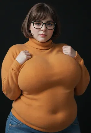 Obese Velma Dinkley, Thick glasses, orange knitted top, fat bust under pullover, detailed chubby face, light makeup, flirting with viewer, blue jeans, (black background:1.5), <lora:milkers_v2:.8>, <lora:Venus_Body_Alpha:.5>