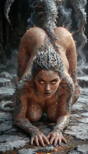Fire Naked woman with a lizard tail standing, completely covered in silvery scales, large breasts, her breasts are tight and hanging to the floor, the woman is naked. She has a lizard tail, the tail is as long as her body. The tail is raised up. It is covered with scales, the skin is covered with scales, the woman fire has scaly skin the scales are ashy silver, (correct tail positioning), (no missing limbs), (han, yu, long, huang\), ral-embrglt, DonMF1r3y4by55XL, firecd_xl, flmngprsn, <lora:ral-embrglt-sdxl:2>, <lora:DonMF1r3y4by55XL:2>, <lora:firecd_xl-000017:2>, <lora:lora-sdxl-flaming-person:2>, <lora:SG2:2>