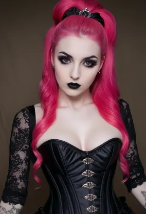 ziprealism, (24yo), (focus on eyes:1.5), (slender, skinny, petite, slim waist, soft breasts, goth esthetic, heavy goth makeup, corset top, lacey goth attire:2), (mesmerizing eyes, pale skin, limbal ring:1.6), (bright pink hair, long hair, elaborate updo hairstyle, voluminous hair, dark eyebrows:1.8), (oversized expressive eyes, innocent doe eyes, delicate face, angular jaw:1.2), (shallow depth of field, soft bokeh, layered composition, analog lens), Stable-Yogis-Makeup-Enhancer-XL, (detailed eyes, perfect eyes, natural skin texture, photorealistic skin texture), <lora:Instagram_Selfie_SDXL:.8>