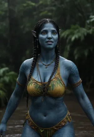 ((sweaty wet oiled blue skin)), (((avatar pandora na'vi Filipino Indian woman curvy thick woman with wavy braided hair wearing floral patterned outfit in Pandora setting with sweating a lot and getting wet in rain, raining atmosphere))), (uneven skin tone), ((jewelries magazine title cover page, sweaty wet skin edition)), ((romance photot pose sideview)), <lora:Kiri_from_Avatar_The_Way_of_Water-000004:1.5>