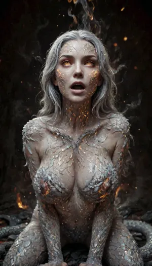 Fire Naked woman with a lizard tail standing, completely covered in silvery scales, large breasts, her breasts are tight and hanging to the floor, the woman is naked. She has a lizard tail, the tail is as long as her body. The tail is raised up. It is covered with scales, the skin is covered with scales, the woman fire has scaly skin the scales are ashy silver, (correct tail positioning), (no missing limbs), (han, yu, long, huang\), ral-embrglt, DonMF1r3y4by55XL, firecd_xl, flmngprsn, <lora:ral-embrglt-sdxl:2>, <lora:DonMF1r3y4by55XL:2>, <lora:firecd_xl-000017:2>, <lora:lora-sdxl-flaming-person:2>, <lora:SG2:2>