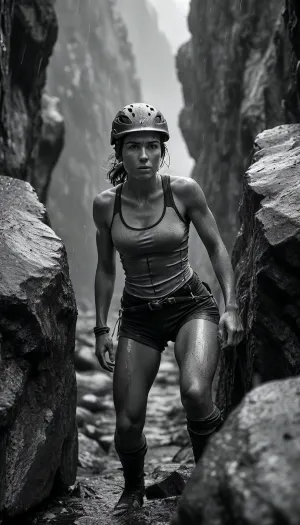 (monochrome:1.6), A highly detailed, full-body, photorealistic depiction of a 25-year-old female climber, caught in a challenging situation in the high alpine environment, she is balancing in a crevice, her body in a split-like position, every muscle tensed and defined, the rain-soaked environment clings to her form, she wears a helmet for safety, and her athletic clothing, a tight-fitting top and shorts, is completely drenched, emphasizing her strength and determination, the scene is in monochrome, highlighting the dramatic contrast of light and shadow, the rain pours heavily, making the rocky terrain slippery and treacherous, in the background, the vast alpine landscape stretches out, with towering peaks and deep valleys, capturing the intensity of her climb and the formidable environment, <lora:pouring_rain_XL:1.7>, <lora:MJ52:1.8>, <lora:add-detail-xl:1.9>