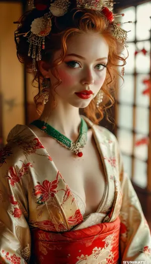 Full body view, full view, Young 18-year-old Redhead college female, very very long red curly hair, sparkling green eyes, bloody red lipstick, Somptuous luxurious necklace, long necklace, earrings, bracelets, small breasts, geisha, false eyelashes, makeup, ((skinny)), shinto temple, shot from below, good posture, arched back, ((Ultimate realistic photo details)), (((dynamic sexy pose))), (((bright sunlight))), detailxl, <lora:MJ52:.8>, fflix-geisha, <lora:Fflix-Geisha:.8>, Kimono, <lora:Kimono:.8>