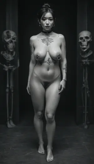 Sexy skeleton costume, gorgeous 55 year old, (MILF), (Asian:1.9), instagram model with athletic build and perky boobs, (large pierced nipple rings:1.9), naked with black and white skeleton style bodypaint at a Halloween party, full body view, hairy pussy, no face paint