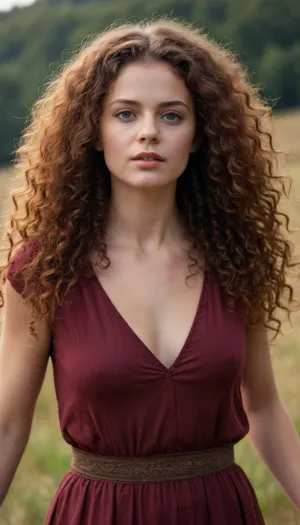 Frau, Kurvig, volle brüste, D-Körbchen, lange, wilde locken dunkelrot, 1.75 gross, 62 kg