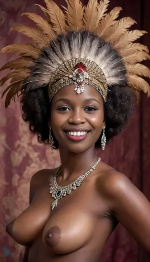 1930's retro topless Afro woman with torpedo tits, smiling, very dark skin diamonds and feather headdress and fans., tpsp, <lora:Torpedo_Tits_Anime-GMR-000007:.8>