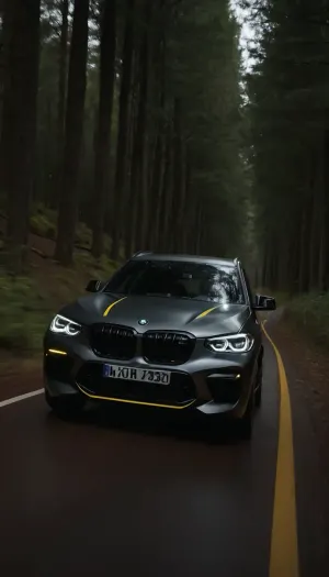 Cinematic black and white photography of a BMW X3 M Competition driving in a forest route, matte black finish, two thin horizontal yellow accent stripes on the front splitter, abstract light streaks flowing around the vehicle, suggesting motion and air displacement, smoked windows, astonishing naked woman driving the car, small natural boobs, confident driver, wide shot