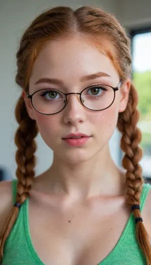 high detailed texture, photograph, realistic, ((Japanese girl)), surrounded by neon colors, colorful fabric combining to form suit, Korean contact Brown eyes, curly ginger hair, round glasses, full makeup, blush, glossy red lips, ((body, side, front)), an 18-year-old slim petite girl with, (rich ginger braided pigtails, voluminous, natural shine:1.3), glowing soft skin with freckles across face and shoulders, bright green sparkling eyes, natural pouty lips, simple fresh makeup with blush and dark mascara, pale skin, white skin, beautiful eyes, brown eyes, eyelashes, eyeshadow, piercings, choker, necklace, gorgeous face, dynamic angle, closeup, inside, eyes rolling up, face, drooling, cute and natural smile, but with innocent energy, full face completely visible, setting, cozy feminine clean but warm atmosphere, lighting, soft daylight streaming through window, natural glow on freckles, gentle highlights across her