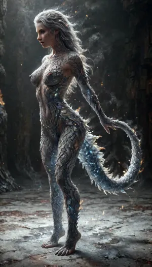 Fire Naked woman with a lizard tail standing, completely covered in silvery scales, large breasts, her breasts are tight and hanging to the floor, the woman is naked. She has a lizard tail, the tail is as long as her body. The tail is raised up. It is covered with scales, the skin is covered with scales, the woman fire has scaly skin the scales are ashy silver, (correct tail positioning), (no missing limbs), (han, yu, long, huang\), ral-embrglt, DonMF1r3y4by55XL, firecd_xl, flmngprsn, <lora:ral-embrglt-sdxl:2>, <lora:DonMF1r3y4by55XL:2>, <lora:firecd_xl-000017:2>, <lora:lora-sdxl-flaming-person:2>, <lora:SG2:2>