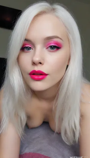18 year old Melisss, white hair, hot pink lipstick, <lora:MJ52:.8>