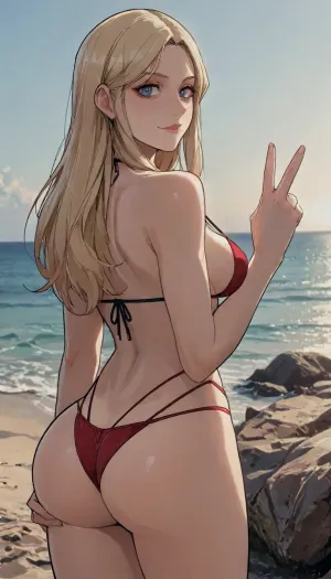 ((markgavatino style)), reiq style, masterpiece, (8k resolution, ultra-detailed), At beach, sea at background, solo, Smirking blonde tanned, (making sign peace with one hand, dynamic sexy pose:1), ((big ass, big tits)), straight long hair, red lacy bikini, Perfect lighting, ratatatat74, cyberpunk, edgerunners, <lora:LCMTurboMix_Euler_A_fix:.6>, <lora:ratatatat74-000050:1.5>, <lora:mk_Bp Anime_xl:1.2>, <lora:cyberpunk_edgerunners_style_sdxl:1>, <lora:viola:1.7>