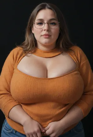 Obese fantasy princess, Thick glasses, orange knitted top, pushing chest out, standing tall, fat bust under pullover, detailed chubby face, light makeup, mouth slightly open, flirting with viewer, blue jeans, (black background:1.5), <lora:milkers_v2:.8>, <lora:Venus_Body_Alpha:.5>