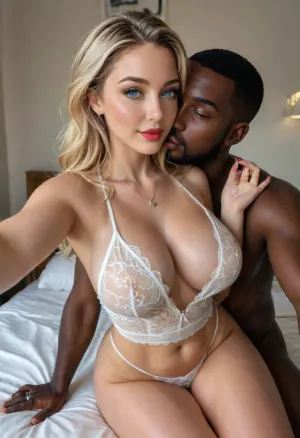 (Photorealistic masterpiece, best quality), (((interracial couple fuck and kiss in bed))), ., 1woman, (beautiful:1.8), (Molly Carlson), sexy 40yo, French, (wedding ring on her finger), naked, (curvy:1.7), ultra-wide hips, thick thighs, big bubble butt, shaved legs, soft skin, detailed asymmetrical face, perfect realistic eyes, blue eyes, facing the viewer, long natural eyelashes, perfect makeup, red lipstick, lips parted slightly, professionally dressed, perfect covered breasts, (natural, medium, soft, teardrop breasts), protruding nipples, silver cross medal on her necklace, perfect detailed hands, red nails, diamond ring, perfect pussy., (fucking:1.5), doggystyle sex, (fucked from behind:1.5), by 1man, Black African, perfect detailed eyes, brown eyes, tall, muscular, beautiful penis, (thick, veiny penis), behind her, fucking her, male model face, attractive, modern male hairstyle, detailed masculine hands, (his hands are caressing her body), (kissing with extra), (French Kiss LoRA XL), . Sunny, midday, Tropical climate, wooden hut setting, Caribbean decor, large bright windows, white walls, kingsize bed, bright natural lighting, sunlight reflecting off skin, romantic intimate tone, (choreographed tableau), strong individual rays of light, captured with a Leica M10, Leica Summilux 50mm f/1.4 lens, sharp focus, best shadow, score_9, score_8_up, 8K, UHD, clear image, extremely sharp, extremely detailed, extremely intricate detail, high res, ultra-high-definition, highly detailed, ultra-sharp textures, finely detailed, perfect skin texture, hyperrealistic lighting, professional photography, full dynamic range, deep contrast, high clarity, realistic depth of field, HDR, perfect exposure, smooth gradients, volumetric lighting, natural reflections, ultra-fine details, realistic skin pores, individual hair strands, bokeh, hard shadows, color-graded, shadow, minimalism, (best, quality), female, 25, years, old, well-proportioned, Italian, blue, eyes, cupped, ears, round, nose, heart, face, shape, with, pointed, chin, sculpted, calves, long, blonde, wavy, hair, (lace, thong, bodysuit), daytime, (large, breasts), (amazing, cleavage), making, a, selfie, look, seductively, at, the, viewer., cheeky, smile, (photorealistic), <lora:attractive_notrigger:1.5>, <lora:interesting:1.5>, <lora:NSFW_Reality_Engine_XL05:1.5>, <lora:EnvyShadowMinimalismXL01:1.5>, <lora:Realistic_Hot_Emma:.8>