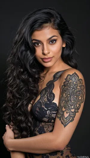 Super realistic, super quality, super detailed. Yasmina Khan, hazel eyes, raven black wavy hair, soft body, l, front view, mehndi tattoo, black background