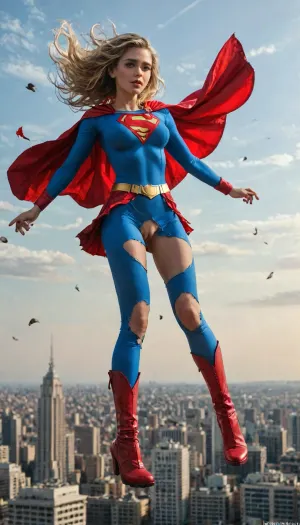 Super realistic 8k style, score_9, score_8_up, score_7_up, Supergirl, young adult and powerful superheroine, athletic yet feminine build, large bimbo breasts, shaved pussy, long blonde hair, piercing blue eyes, confident and determined expression. Wearing iconic Supergirl costume, blue fitted top with bold red and yellow 'S' emblem, red skirt, red cape billowing in the wind, red boots, golden belt, (torn and ripped suit:1.3), . Dynamic heroic pose, flying above a city skyline, bright sky and sunlight, cinematic, highly detailed, comic book style realism, epic atmosphere, <lora:detailed_notrigger:1>, <lora:add-detail-xl:.8>, <lora:LCMTurboMix_Euler_A_fix:.8>