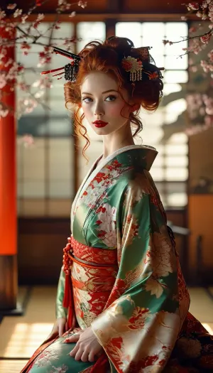 Full body view, full view, Young 18-year-old Redhead college female, very very long red curly hair, sparkling green eyes, bloody red lipstick, Somptuous luxurious necklace, long necklace, earrings, bracelets, small breasts, kneeling geisha in luxurious purple Kimono, with katana, wakizashi and tantô, false eyelashes, makeup, ((skinny)), shinto temple, shot from below, good posture, arched back, ((Ultimate realistic photo details)), (((dynamic sexy pose))), (((bright sunlight))), full body view, detailxl, <lora:MJ52:.8>, fflix-geisha, <lora:Fflix-Geisha:.8>, Kimono, <lora:Kimono:.8>