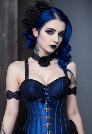 ziprealism, (24yo), (focus on eyes:1.5), (slender, petite, slim waist, soft breasts, goth esthetic, heavy goth makeup, corset top, lacey goth attire:2), (dark blue hair, deep shimmering blue hair, long hair, sophisticated goth inspired updo hairstyle, voluminous hair, black roses in hair, dark eyebrows:1.8), (oversized expressive eyes, innocent doe eyes, delicate face, angular jaw, flawless porcelain skin:1.2), (shallow depth of field, soft bokeh, layered composition, analog lens), Stable-Yogis-Makeup-Enhancer-XL, (detailed eyes, perfect eyes, natural skin texture, photorealistic skin texture), <lora:Instagram_Selfie_SDXL:.8>