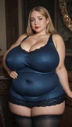 1girl, (solo), (milf), (Reiq style:.8), long hair, smile, solo, blush, light blue eyes, blonde hair, jewellery, (huge breasts:1.7), thighs, (huge cleavage:1.5), red lipstick, earrings, (chubby:2.9), (multiple garters), (blue stockings), modern apartment, dark walls, modern furniture, sexy pose, slutty pose, perfect hands, slim waist, (deep navel), (lower belly:1.9), ((side view)), (short tight lace dress:2.3)