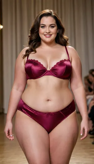 A curvy plus sized model walking down the runway of a sexy satin lingerie fashion show, joyfully smiling