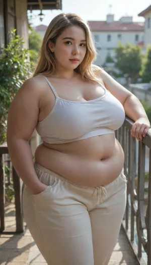 young Korean fat woman, 20 years, blonde highlights, wearing big summer top and pants, Wide hips, very large bust size, Fat belly, Plump fat arms, (Obese), Overweight, (Plump), Beautiful lighting On balcony overlooking sea, <lora:Chubby BBW - XL:1.9>, <lora:runga_8.1-000002:1.8>