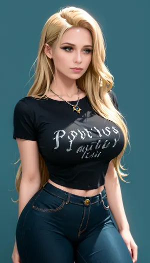 photorealistic, ((32 y/o beauty, gorgeous American pornstar)), best quality, afterglow, 4k, ((masterpiece)), extremely detailed, 8k, trending on ArtStation, Intricate, High Detail, Sharp focus, curvy, 1girl, ((beautiful detailed eyes, perfect skin)), (beautiful face, perfect eyes:1.2), (busty and curvy1.1), (thick:1.2), (thick thighs), ((simple background)), rating, safe, (large breasts:.8), (wide_hips), (black t-shirt, necklace, black denim pants), solo_focus, ((bored, looking away)), ((lips, pouts)), ((beautiful light blonde hair, straight hair, long hair, green eyes)), lips, standing, 4ng3l, face, green, perfecteyes, <lora:SDXL_BetterFaces-LoRA_v1:.5>, <lora:add-detail-xl:.5>, <lora:xl_more_art-full_v1:.8>, <lora:milkers_v2:.8>, <lora:PerfectEyesXL:1>