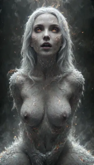 Fire Naked woman with a lizard tail standing, completely covered in silvery scales, large breasts, her breasts are tight and hanging to the floor, the woman is naked. She has a lizard tail, the tail is as long as her body. The tail is raised up. It is covered with scales, the skin is covered with scales, the woman fire has scaly skin the scales are ashy silver, (correct tail positioning), (no missing limbs), (han, yu, long, huang\), ral-embrglt, DonMF1r3y4by55XL, firecd_xl, flmngprsn, <lora:SG2:2>, <lora:ral-embrglt-sdxl:2>, <lora:DonMF1r3y4by55XL:2>, <lora:firecd_xl-000017:2>, <lora:lora-sdxl-flaming-person:2>