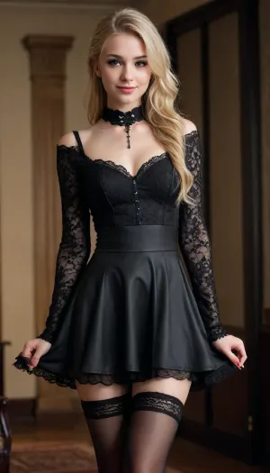 solo, 1girl, (fullbody:1.5), 18-year-old girl, goth girl from the neck down, sexy black lace skater dress, black lace thigh-high stockings, black leather boots, above the neck she is a fresh-faced girl-next-door type, sweet smile, long natural blonde hair, ponytail, very beautiful, extremely sexy, best quality, photorealistic, sharp focus, <lora:add-detail-xl:.8>