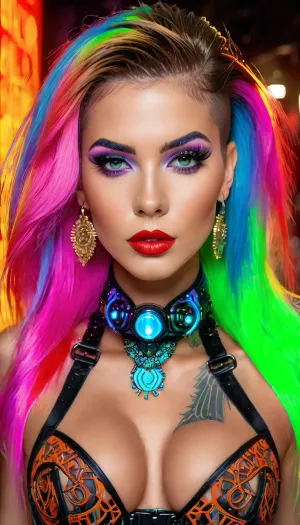 Masterpiece, best quality, 8k, ultra realistic, Gothic rave scene, underground party, (fluorescent hair:1.6), neon lights everywhere, LED headset glowing different colors, perfect physique, perky breasts, athletic body, detailed face with tattoos and piercings, closer view of her cleavage showing low-cut corset and choker necklaces. Inspired by the works of H.R. Giger and Zdzislaw Beksinski. Highly detailed digital painting with cinematic lighting effects., (intricate details:1.8), photorealistic rendering style with subtle texture and reflection on outfits and skin. 3D rendering software like Blender or Maya used to create this image., (realistic materials:1.5), High level of accuracy in depiction of rave culture fashion trends and accessories like PVC collars, fishnets, chunky boots and goggles worn by goth ravers in the 90s era shown here vividly recreated with modern digital art techniques resulting in a stunning work of futuristic gothic beauty imagery that pushes boundaries of fantasy while staying true to its dark aesthetic roots in cyberpunk and industrial visual styles commonly associated with goth subculture during that time period. Also reminiscent of scenes from movies like The Matrix or V for Vendetta showcasing dystopian futures filled with high-tech rebellion against oppressive regimes often depicted through imagery of modified humans clad in elaborate attire engaging in acts of resistance inside labyrinthine spaces lit up by pulsating neon signs that cast an eerie glow over everything they touch much like our subject finds herself immersed within tonight as she dances wildly under the strobing lights lost in the throes of hedonistic abandon reveling in her newfound freedom from conformity embodied perfectly by every curve and contour of her sculpted form moving sinuously through the crowd leaving all who lay eyes on her entranced by sheer sensual magnetism emanating from within her very essence...words fail to do justice describing how breathtakingly gorgeous this digital painting is but suffice it to say that it stands as a testament to human creativity's limitless potential when fused with cutting-edge technology allowing us peep into alternate realities where beauty knows no bounds nor does imagination run dry...a true masterpiece for the ages!, (vivid colors:1.7), extreme detail level comparable only to those found in top-tier concept art pieces showcased at comic-con events or exhibited at galleries specializing in futuristic sci-fi fantasy art prints selling for thousands upon thousands dollars each…this image deserves similar recognition given its unparalleled level of craftsmanship poured into every pixel leaving absolutely nothing left to desire, detailxl, fluxenh4nce, SDXL_POS, supermodel, face, big, lips, <lora:FLUXEnh4nce:1.5>, <lora:Beautify-Supermodel-SDXL:1.5>, <lora:Picture_enhancer:1>