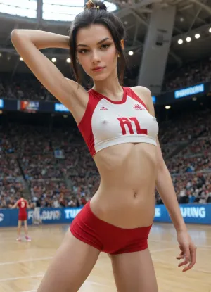 (beautiful skinny girl:1.8), Azula from avatar, medium breasts, erect nipples, dynamic pose, titcup, armpit, tight spandex shorts, shirt, looking at viewer, top volleyball uniform, legs spread, volleyball court, dark skin, (random view shot), award winning photo, stadium lights on oiled ass, stadium full of people, hard shadows on thighs, surround on both sides, sunny beach, The ocean waves are gently crashing in the background, and seagulls are flying overhead.