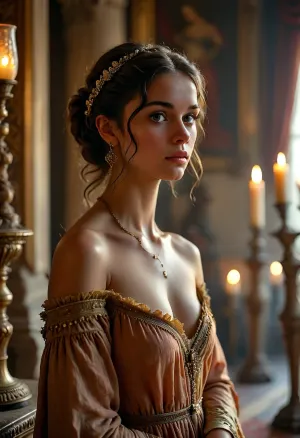 In an exquisitely detailed Roman aristocratic bedroom, the scene is set in ancient Rome, adorned with oil lamps, classical sculptures, and elegant furnishings. A young woman, dressed in period-appropriate attire, stands attentively beside her Roman master. The room is rich in historical authenticity, showcasing the grandeur of Roman opulence. The woman’s posture and demeanor reflect the respectful and attentive nature of her role. The atmosphere is serene and historically accurate, capturing the essence of the time with meticulous detail, from the intricate décor to the refined expressions of the individuals present, (maximum photo quality:1.4), (maximum resolution:1.5), <lora:MJ52:.6>, <lora:Super_Eye_Detailer_By_Stable_Yogi_SDPD0:.3>, <lora:BUT_SDXL_SHS:.3>, <lora:Sweaty_Realism_4-000006:.8>, <lora:Italian_girl:.8>
