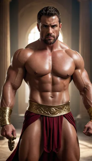 hercules grace god, muscular body full man, warrior outfit
