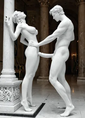 score_9, score_8_up, score_7_up, Greek temple, bending over, front view, side view, woman and man, nude male statue from behind, white carrara marble male statue, Achilles marble statue from behind, upside down, woman fucking, huge marble penis, super big heavy fake tits, naked, sexy waist, long legs, classical art sculpture, white carrara marble, loud moaning, orgasm