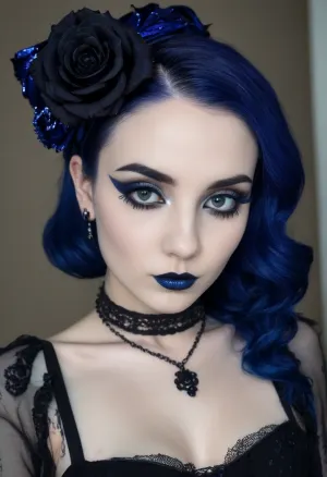 ziprealism, (24yo), (closeup face portrait, focus on eyes:1.5), (slender, petite, soft breasts, goth esthetic, heavy goth makeup:2), (dark blue hair, deep shimmering blue hair, long hair, sophisticated goth inspired updo hairstyle, voluminous hair, black roses in hair, dark eyebrows:1.8), (oversized expressive eyes, innocent doe eyes, delicate face, angular jaw, flawless porcelain skin:1.2), (shallow depth of field, soft bokeh, layered composition, analog lens), Stable-Yogis-Makeup-Enhancer-XL, (detailed eyes, perfect eyes, natural skin texture, photorealistic skin texture), <lora:Instagram_Selfie_SDXL:.8>