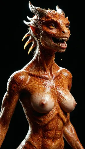 Fire Naked woman with a lizard tail standing, completely covered in silvery scales, large breasts, her breasts are tight and hanging to the floor, the woman is naked. She has a lizard tail, the tail is as long as her body. The tail is raised up. It is covered with scales, the skin is covered with scales, the woman fire has scaly skin the scales are ashy silver, (correct tail positioning), (no missing limbs), (han, yu, long, huang\), ral-embrglt, DonMF1r3y4by55XL, firecd_xl, flmngprsn, <lora:ral-embrglt-sdxl:2>, <lora:DonMF1r3y4by55XL:2>, <lora:firecd_xl-000017:2>, <lora:lora-sdxl-flaming-person:2>, <lora:SG2:2>