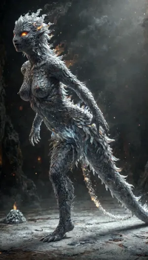 Fire Naked woman with a lizard tail standing, completely covered in silvery scales, large breasts, her breasts are tight and hanging to the floor, the woman is naked. She has a lizard tail, the tail is as long as her body. The tail is raised up. It is covered with scales, the skin is covered with scales, the woman fire has scaly skin the scales are ashy silver, (correct tail positioning), (no missing limbs), (han, yu, long, huang\), ral-embrglt, DonMF1r3y4by55XL, firecd_xl, flmngprsn, <lora:ral-embrglt-sdxl:2>, <lora:DonMF1r3y4by55XL:2>, <lora:firecd_xl-000017:2>, <lora:lora-sdxl-flaming-person:2>, <lora:SG2:2>