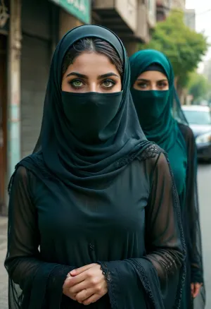 (full body view), daylight, on the city streets of Tehran, 2girls, 25yo Persian woman, face-covered, beautiful, dark Persian skin tone, bright piercing blue-green eyes, wears a transparent black burkha, <lora:Super_Eye_Detailer_By_Stable_Yogi_SDPD0:.5>, <lora:DetailedEyes_V3:.9>, <lora:MJ52:.8>, <lora:potrait-woman-v2:.8>