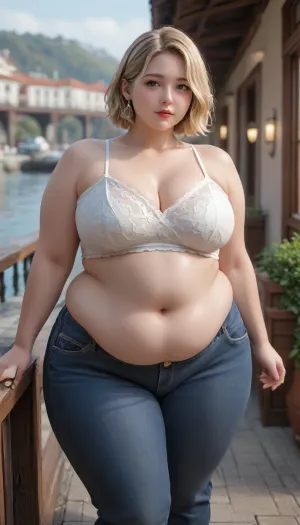 young Korean fat woman, 20 years, blonde highlights, wearing big summer top and pants, Wide hips, very large bust size, Fat belly, Plump fat arms, (Obese), Overweight, (Plump), Beautiful lighting On balcony overlooking sea, <lora:Chubby BBW - XL:1.9>, <lora:runga_8.1-000002:1.8>