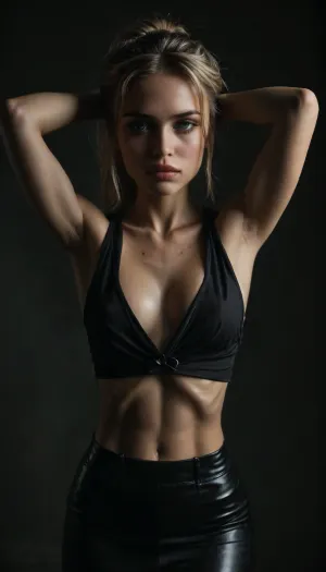 (((young))), (18 yo:1.2), (eyes wide open, big lips), (needy face:1.2), (big long eyelashes), (((downblouse))), (ribs are visible:1.6), (athletic ass:1.3), (hands behind her head), (blushing:1.1), (black latex skirt:1.1), (narrow waist:1.3), blonde ponytail, (portrait view:1.3), slutty clothes, slim hourglass body, (side view:1.8), ((big hanging perky tits:1.3)), (athletic body:1.4), horny face, attractive body, black choker, (black makeup:1), (blue eyes), (into the office), (big perky boobs:1.5), (oiled skin:1.7), (wet skin:1.5), (erected nipples:.7), (plunging neckline), ((loose-fitting unbuttoned black formal crop blouse:.6)), ((sideboobs)), skinny, perfect skin, beautiful face, ultra high details, hdr, natural tits, (standing), toned body, vivid colors, detailxl, detailed eyes, movie, still, film, cinematic, shot, lighting, macro, 35mm, <lora:DetailedEyes_V3:1.5>, <lora:AdvancedEnhancerXLv2:1.5>, <lora:style_lora_realis:1.5>, <lora:dark:.4>