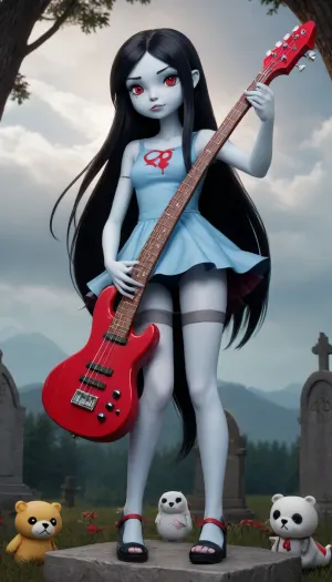 Vampire fantastic chubby drees upskirt queen, adventure time, 20 years oldy, "Digital illustration of Marceline Abadeer, anime style, ((pale SKY blue/grey skin)), long black hair, red eyes, flying with her bass-axe. Atmospheric lighting, vibrant colors, detailed, original art, by Gaziter."
"Vampire Marceline from Adventure Time, cartoon simple line art style, playing her bass-axe, vamp fly, simple background."
"Marceline from Adventure Time sitting on a grave with her teddy bear Hambo uwuu, 2D animation style, sad, nostalgic scene, muted colors, high quality." Breats Bimbo, comic scene vs manga style dialogues, hot horny, massive boobs