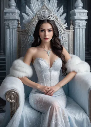 (masterpiece), (photorealistic:1.2), (snow queen:1.3), (majestically seated on an exquisite throne made of ice and snow:1.4), (hyperrealistic details of white fur and frost on the edge of the throne:1.2), long flowing black hair, piercing blue eyes, delicate features, (perfect face:1.1), dressed in, (elaborate white lace dress with frosty embroidery:1.3), (silver crown:1.2), elegant posture, hands resting gently on the armrests of the ice throne, shimmering silver columns and icy arches in the background, frosty atmosphere, soft volumetric light, proud and arrogant face, depth of field, subtle bokeh, drama and tranquillity