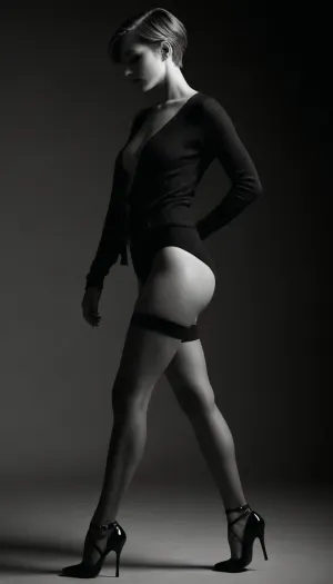 **Subject, ** A petite woman with a modest, unassuming presence—short practical hair, wide hips, a flat chest, and a pronounced backside—undergoes a striking transformation into a confident, alluring figure. The composition captures the duality of her character, initially overlooked, then boldly revealed. She wears strappy high-heeled shoes that emphasize her legs, evoking themes of leg fetishism and subtle seduction. The implied narrative is "daughter-in-law going bad, " blending innocence with a provocative edge. **Styling & Atmosphere, **, **Photographic Style, ** Monochrome, emulating the timeless elegance of George Hoyningen-Huene—clean lines, sculptural lighting, and high-contrast shadows., **Emotion, ** A quiet defiance, a shift from reserved to empowered, captured in a single frame., **Details, ** The transformation is implied through posture, (from hunched to poised), fabric tension, (hints of lingerie beneath conservative attire), and a sly, knowing gaze. Avoid explicit nudity, suggest sensuality through composition. **Technical Notes, **Lighting, ** Dramatic chiaroscuro to highlight curves and textures., **Pose, ** One leg slightly bent, heel arched, drawing attention to her footwear and calves., **Props, ** A discarded cardigan or pearls, symbolizing shed inhibitions. **Goal, ** A tasteful yet daring portrait where the metamorphosis is felt, not just seen.