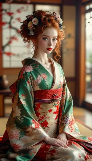 Full body view, full view, Young 18-year-old Redhead college female, very very long red curly hair, sparkling green eyes, bloody red lipstick, Somptuous luxurious necklace, long necklace, earrings, bracelets, small breasts, kneeling geisha in black and purple luxurious Kimono, false eyelashes, makeup, ((skinny)), shinto temple, shot from below, good posture, arched back, ((Ultimate realistic photo details)), (((dynamic sexy pose))), (((bright sunlight))), full body view, detailxl, <lora:MJ52:.8>, fflix-geisha, <lora:Fflix-Geisha:.8>, Kimono, <lora:Kimono:.8>