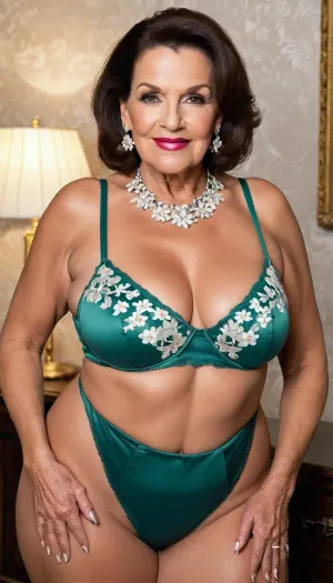 old granny mature, sexy 70 years, dark brunette, medium straight hair, tan skin, very glamour, huge hoop earrings, black smoked eyes, necklace, heavy make up, make up on eyes, very thick chubby bbw, tiny little tits, at the fancy room, looking at the camera, sexy naught smile face, charming, very hot and horny, green and white flowered extreme high waist bottom lingerie, intense deep look at the viewer, full body view, extreme high waist bottom lingerie, the most sexy granny ever, showing her back, side and back body view, huge culottes